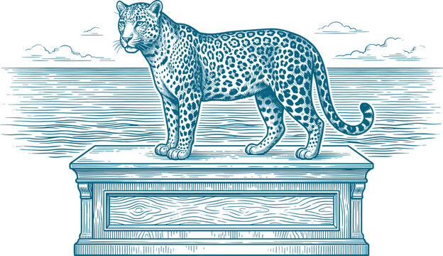 Spotted leopard standing on decorative wooden chest overlooking calm sea horizon sketch