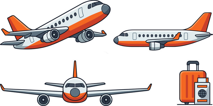 Commercial airplane vector collection showing passenger plane taking off side profile flying front view orange travel suitcase and passport document icons