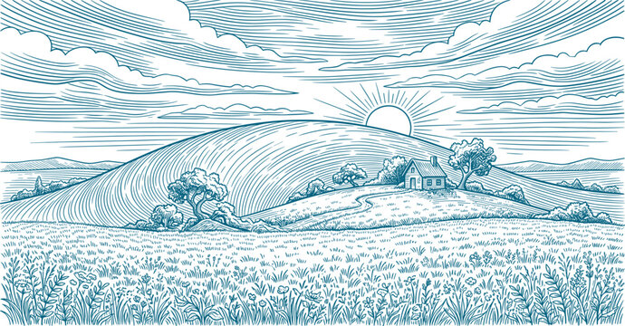 Sunrise over rolling hills and country cottage in teal ink engraving