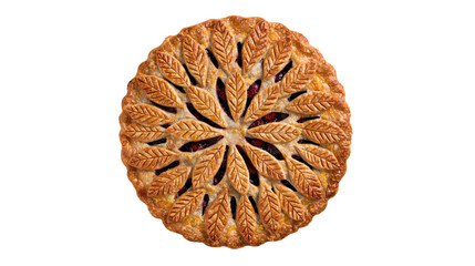 Golden brown berry pie with decorative leaf crust, isolated on transparent background © Nina