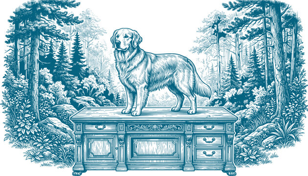 Teal engraving of a golden retriever standing on a desk in pine forest