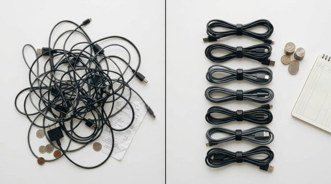 Tangled cables versus organized cables with coins and notebook