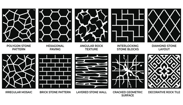 Stone Pattern Set with Polygon, Hexagonal, Angular, and Interlocking Textures for Tile and Pavement Design Concepts