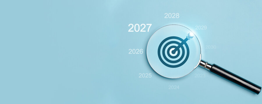 Happy new year 2027. Business strategy goals concept. 2027 year number with inside the magnifying glass, marketing, goals, success and sustainable business development. future business goals.