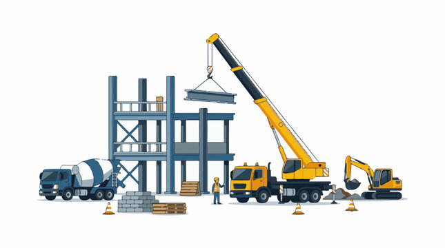 Construction site with crane excavator cement mixer and building