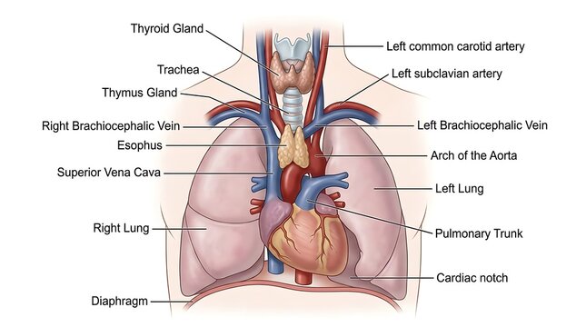 Educational medical diagram of human thoracic organs and structures