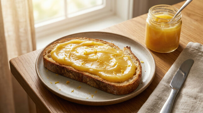 Lemon curd spread on toast with jar of lemon curd beside it, creating delightful breakfast treat