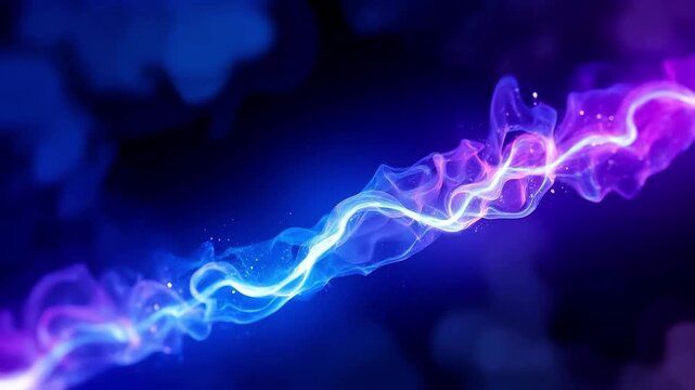 Abstract energy flow with glowing blue and purple plasma waves in a dark background, representing futuristic technology, particle power, and mystical motion graphics