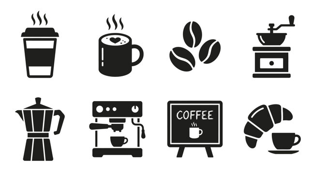 Coffee Icons, Vector Coffee Symbols, Black Coffee Illustrations, 8 Coffee Graphics