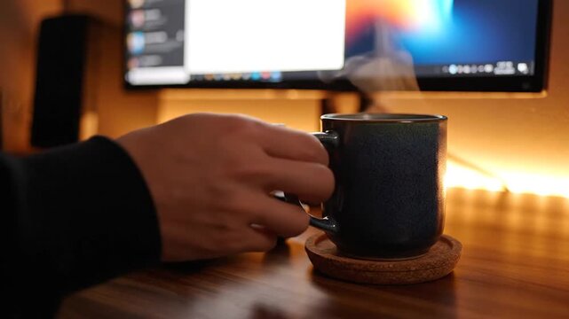 Person typing on illuminated keyboard next to steaming coffee mug, close-up of workspace