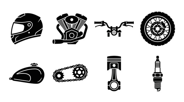Motorcycle parts, bike accessories, icons, 7 elements, black and white, vector graphics