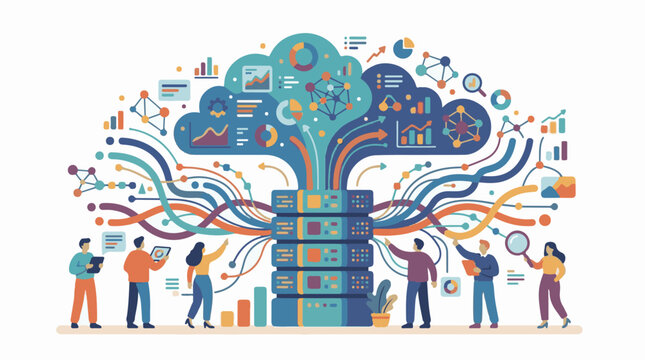 Digital data streams flow into a cloud of analytics and servers