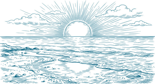 Vintage style engraving of a sun rising over a calm ocean beach
