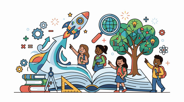 Children launch rocket from book with knowledge tree and learning tools