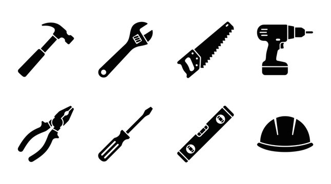 Construction hand tools icon set, black silhouette hardware equipment vector, 8 professional carpentry and diy repair symbols on white background