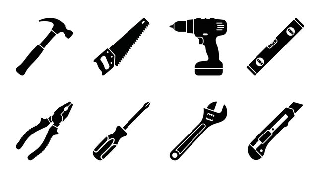 Construction hand tools icon set, 8 black silhouette hardware equipment symbols, professional carpentry and home renovation tool kit vector