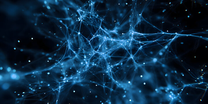 Close-up of a network node composed of blue shimmering particles