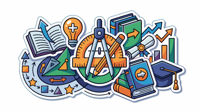 Education symbols books graduation cap compass lightbulb graph