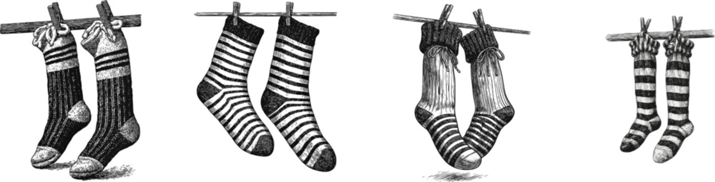 A pair of cozy woolen socks with stripes and heel patches hangs from a wooden clothesline against a stark white background, rendered in bold black and white line art