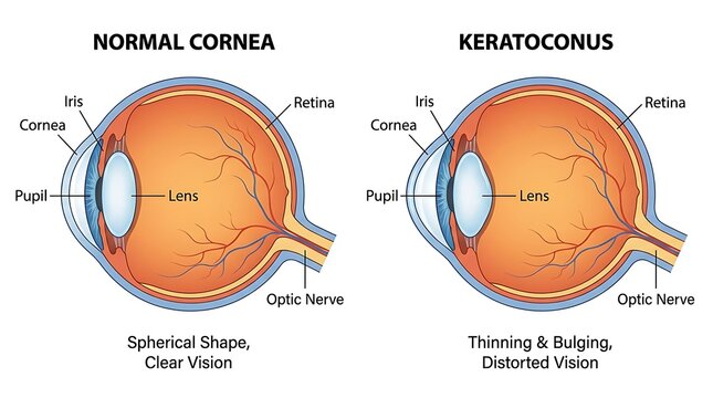 Medical diagram comparing normal cornea and keratoconus eye condition