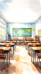 Fototapeta premium empty classroom with desks and map.
