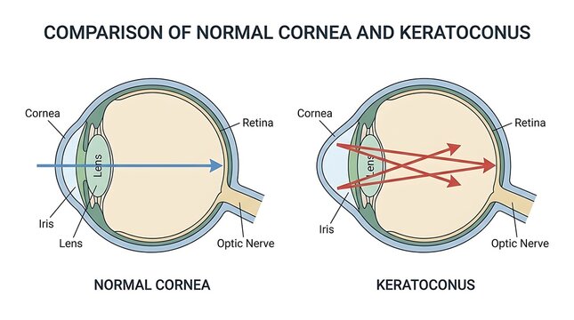 Medical illustration comparing a normal cornea to one with keratoconus eye