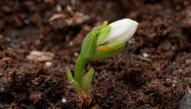 Appearing seed in soil patch, sprout emerging, stem elongating toward spotlight, bud opening petals