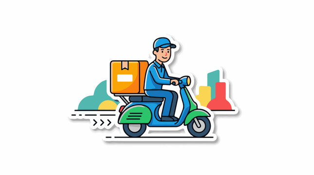 A delivery person rides a scooter with a package in a stylized urban setting