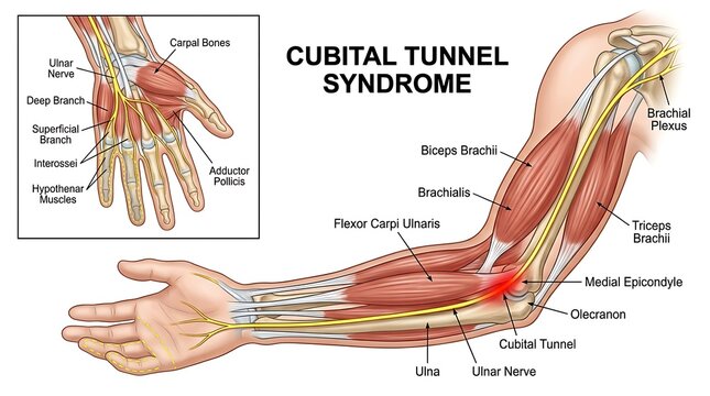 Anatomy illustration of cubital tunnel syndrome showing ulnar nerve compression
