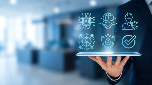 Businessman Holding Tablet with ESG and AI Compliance Icons