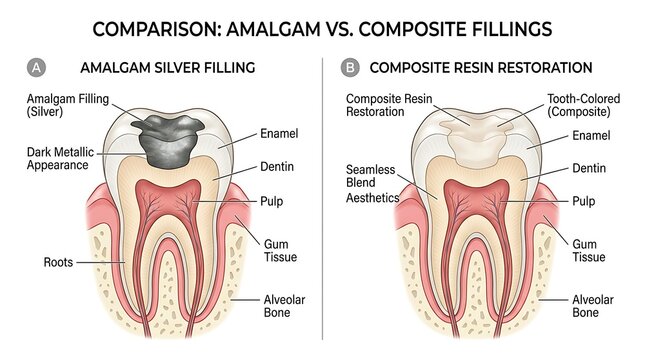 Medical comparison diagram of dental amalgam silver filling and composite resin