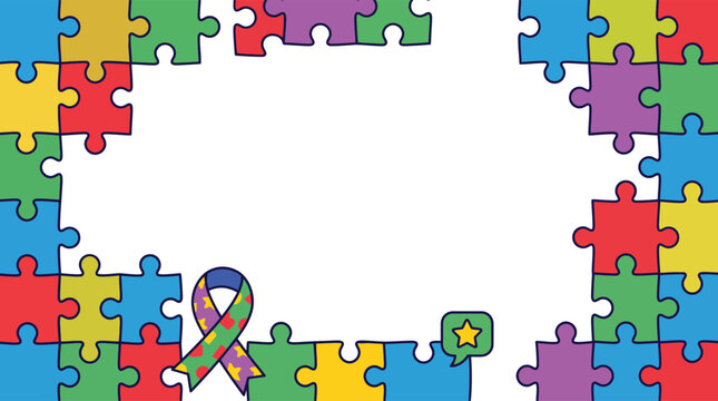 Autism awareness seamless puzzle pieces border frame template with ribbon and star bubble