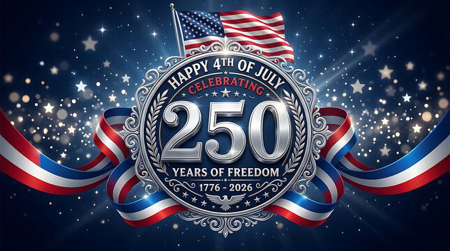 Celebrating 250th Anniversary with American Flag Emblem and Patriotic Ribbon on Dark Blue Background