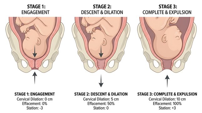 Diagram illustrating the three stages of labor and childbirth process