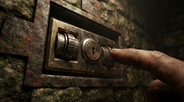 Finger turning combination lock on stone wall