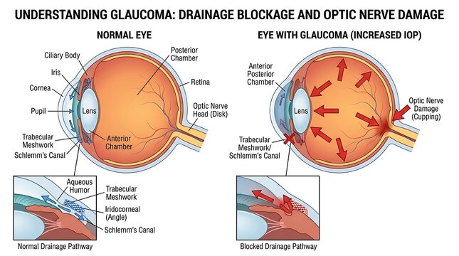 Anatomical comparison of normal eye versus glaucoma drainage blockage