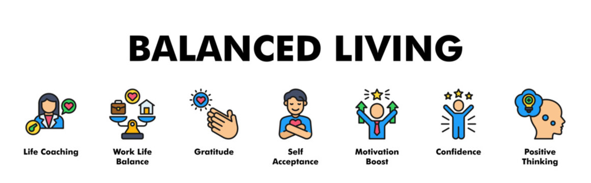 BALANCED LIVING web banner icon vector illustration concept with icon of Life Coaching, Work Life Balance, Gratitude, Self Acceptance, Motivation Boost, Confidence, Positive Thinking 