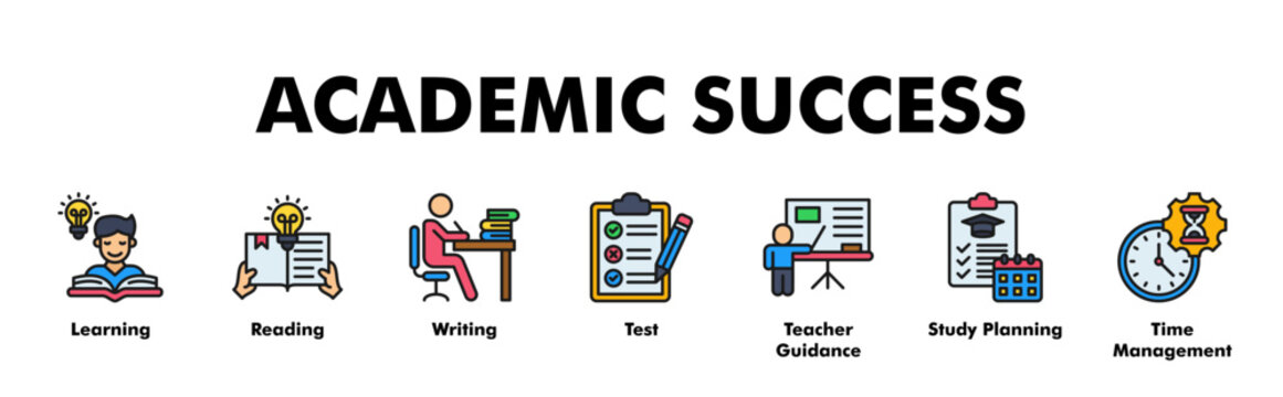 ACADEMIC SUCCESS web banner icon vector illustration concept with icon of Learning, Reading, Writing, Test, Teacher Guidance, Study Planning, Time Management 