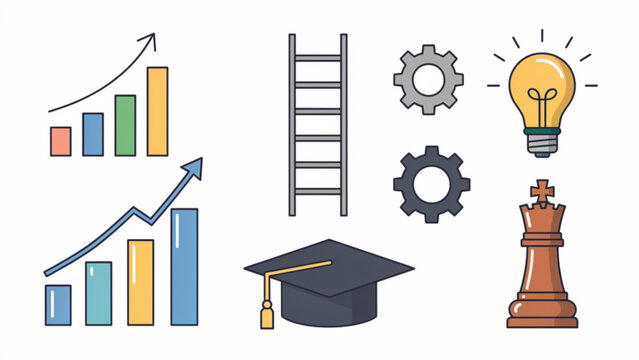 comprehensive business growth icons including charts ladder gears lightbulb education cap chess piece for strategy and innovation