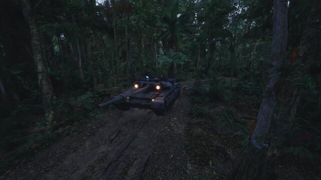 Tank hides in shadowed forest clearing. Shadowed surroundings conceal prepared tank position. Tank waits silently in darkness of wooded clearing