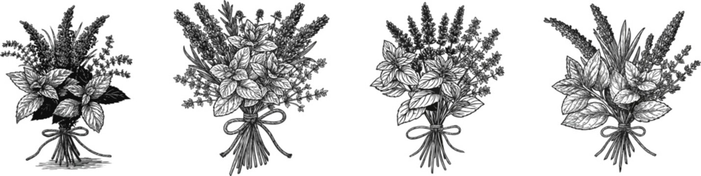 A bouquet of fragrant field herbs, including lavender, mint, and thyme, is elegantly tied with a simple twine ribbon, set against a crisp black and white line art background with bold outlines