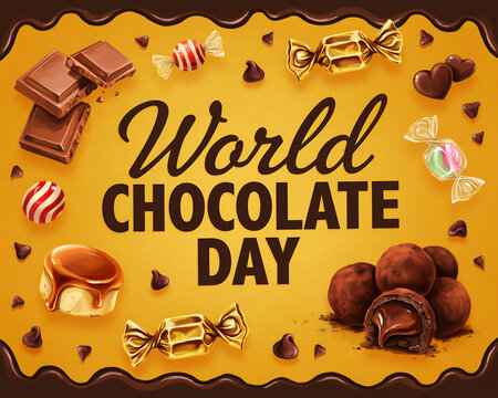 World chocolate day banner design with delicious assorted candies truffles and dark chocolate pieces on a warm golden yellow background for festive celebration of sweet tasty treats