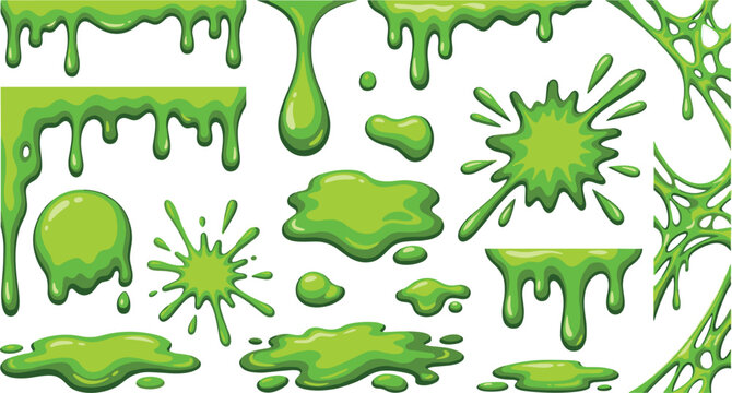 Green Slime Dripping and Splash Vector Set with Sticky Toxic Puddles, Liquid Drops, and Halloween Splatters for Game Asset Graphic DesignsGreen Slime Dripping and Splash Vector Set with Sticky Toxic P