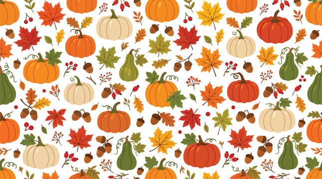 Autumn fall harvest seamless pattern background with pumpkins and maple leaves vector