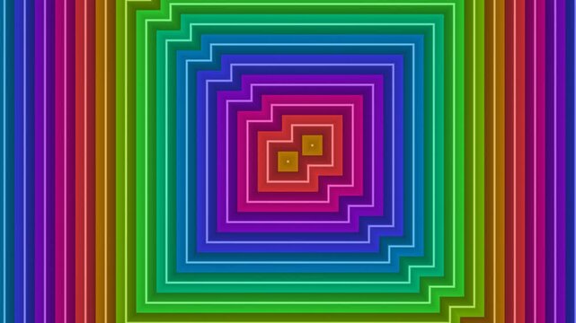 Colorful concentric squares create a vibrant pattern across the canvas