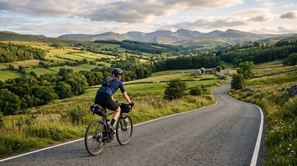 Fototapeta premium Cyclist rides on winding road through green rolling hills and mountains at sunset