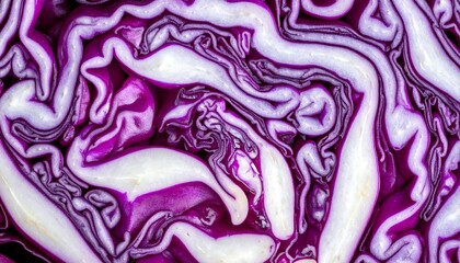 Obraz premium Macro Close-up of Red Cabbage Texture with Intricate Purple and White Wavy Layer Patterns