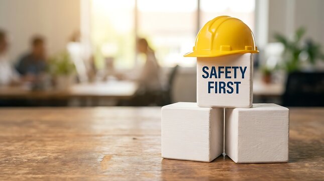 Safety first concept, yellow hard hat placed on white blocks with text, representing workplace safety and protection in an office environment with blurred background.