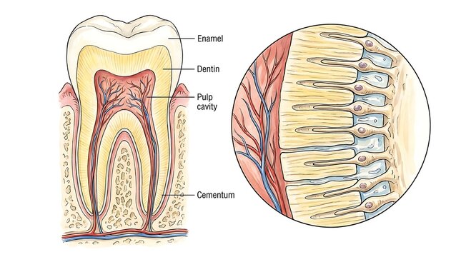 Microscopic view of human tooth anatomy and dentin tissue cross section