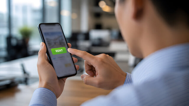 Close up of businessman hand tapping rent button on smartphone application for property search